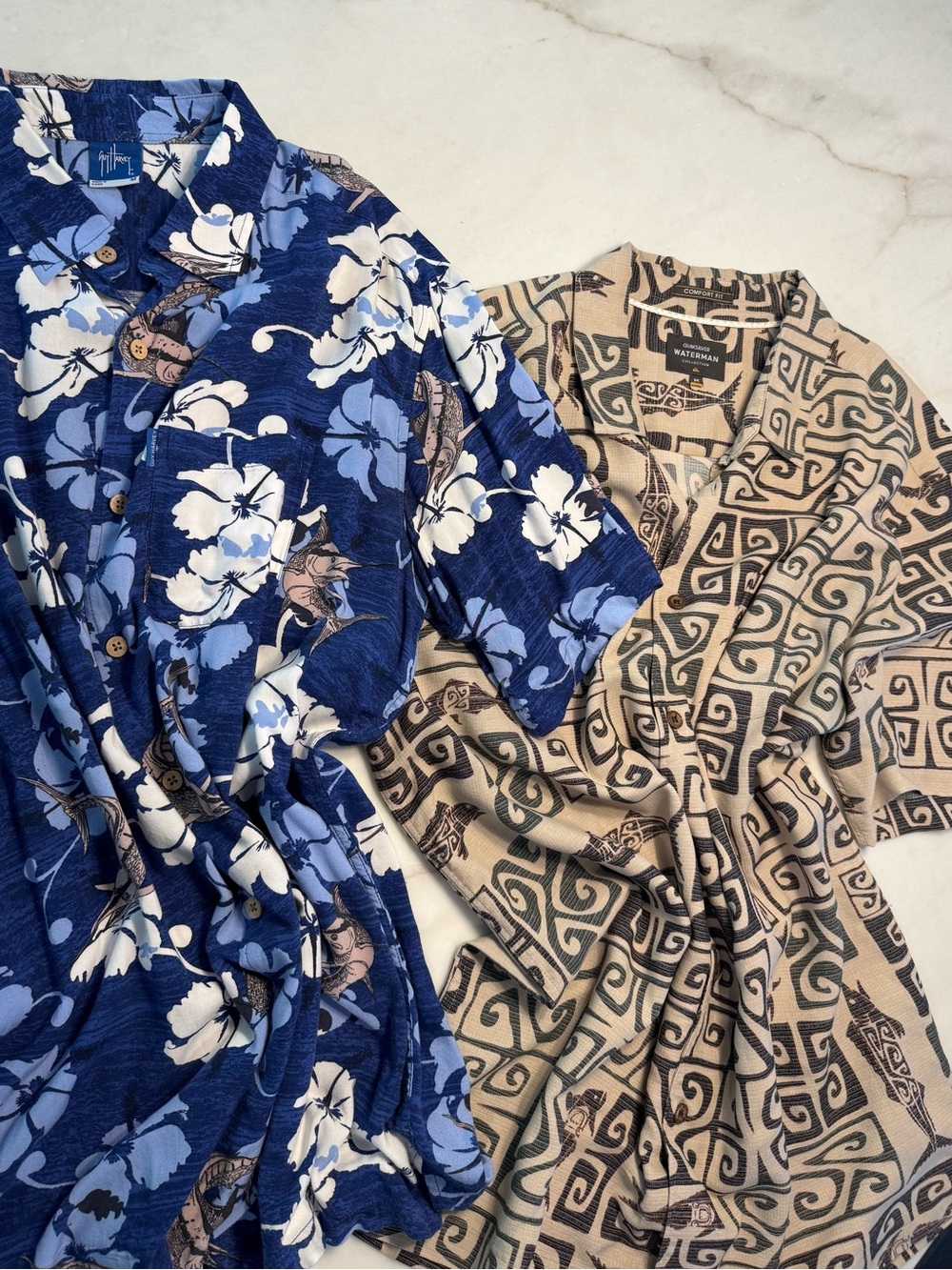 Guy Harvey Blue and White Tropical Print Button-Up Shirt